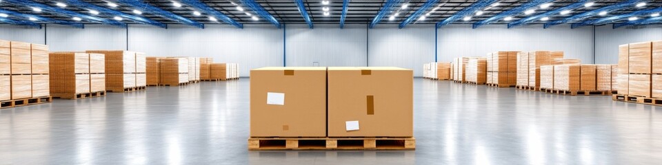 Large warehouse interior with stacked wooden pallets and cardboard boxes during daylight hours, showcasing organized storage space