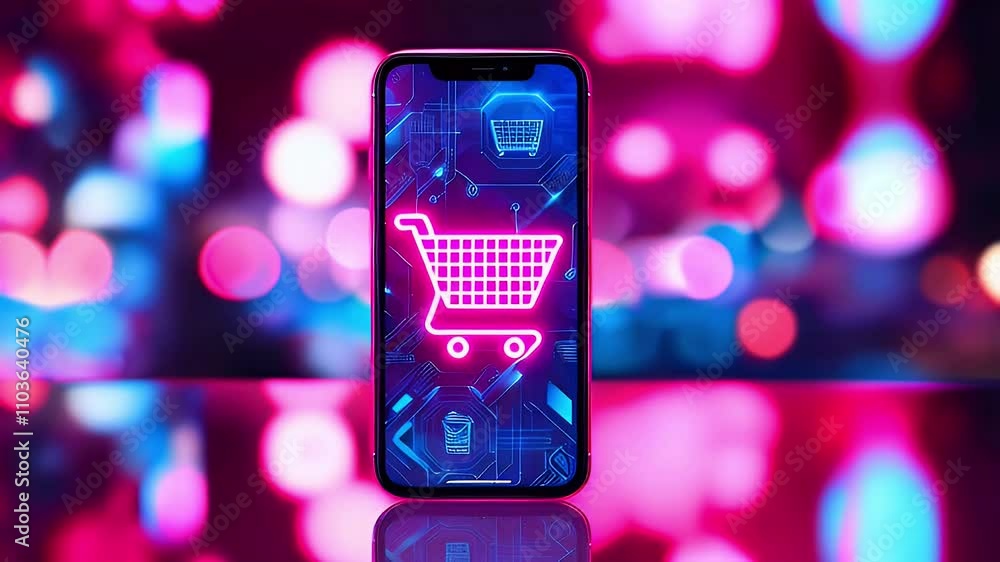 Poster a smartphone displaying a digital shopping cart icon on a colorful, abstract background.