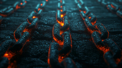 A mesmerizing close-up of glowing chains against a dark, textured surface, creating an atmospheric and dynamic visual effect.