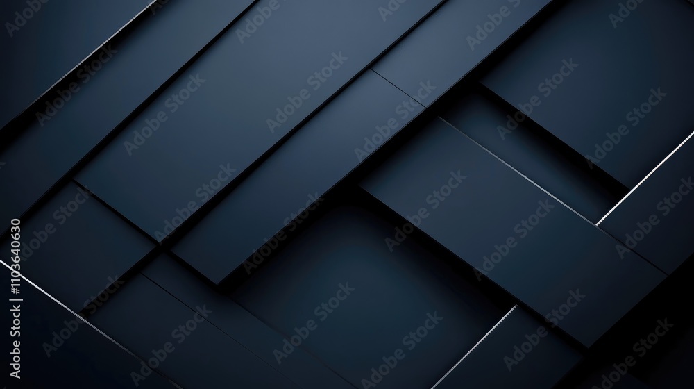 Poster modern abstract background showcasing black geometric shapes with sharp edges, set against a deep bl