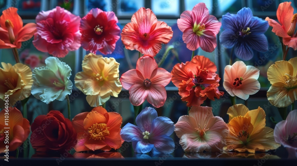 Aufkleber a vibrant display of various colorful artificial flowers arranged in a neat pattern.