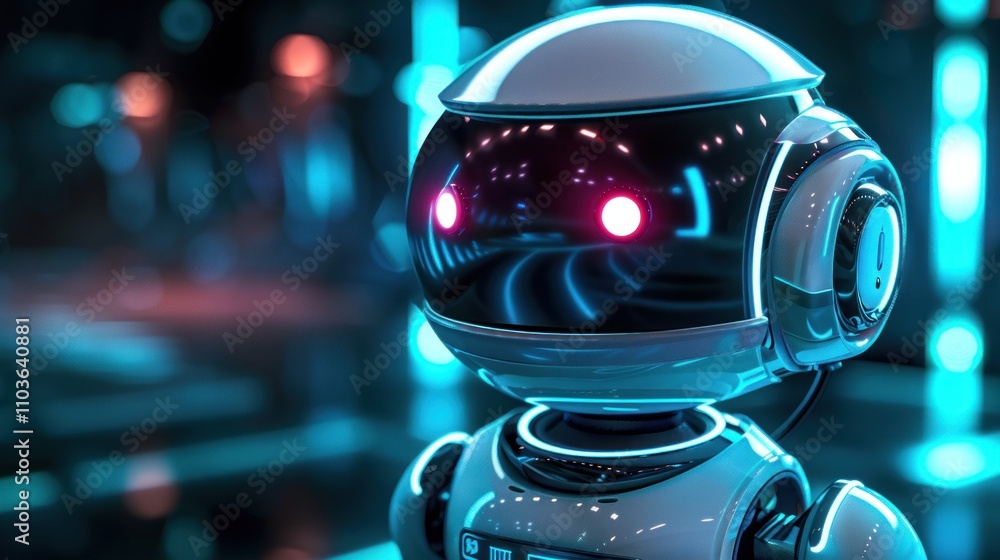 Poster a futuristic robot with glowing eyes in a high-tech environment.