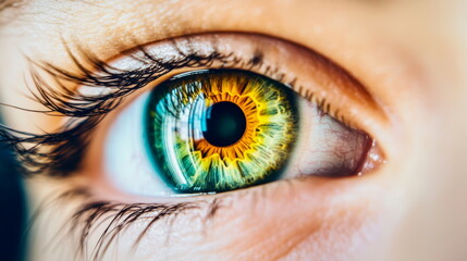 Close-up of a personâ€™s eye looking into an iris scanner, with digital effects showing scanning process
