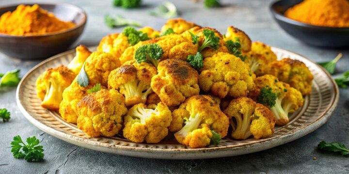 Plate of roasted cauliflower seasoned with turmeric and cumin , food, vegetarian, healthy, plant-based, side dish
