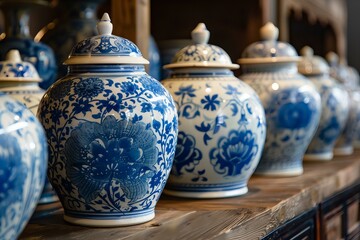 Blue and white porcelain jars sitting on rustic wooden shelf