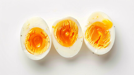 Sliced soft-boiled eggs against a white background.