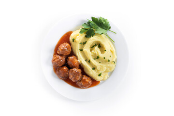 Meatballs with mashed potatoes isolated on white background. Top view