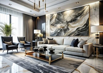 Modern Black & White Living Room Interior Design: Marble Art Wall, Contemporary Home Decor