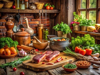 Fototapeta premium Homemade Pastry Spread: Capturing the Art of Crafting Traditional Domowy Pasztet with Fresh Ingredients and Rustic Charm in a Cozy Kitchen Setting