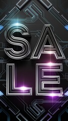 Metallic sale sign on a circuit board background with glowing lights