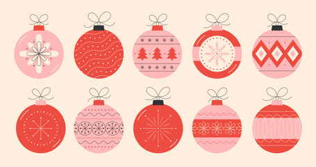 Retro festive Christmas balls in flat style. Vintage colorful christmas ornaments with bows. Vector illustration