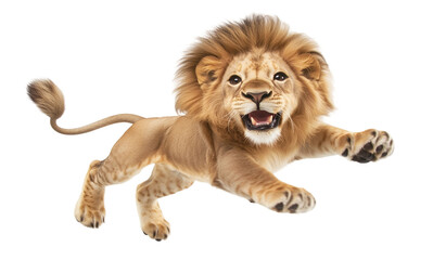 Obraz premium Energetic lion jumping joyfully in air isolated on white or transparent background, png clipart, design element