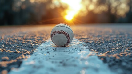 A close-up of a baseball on a white line with a blurred background of a sunset. AI generative. .