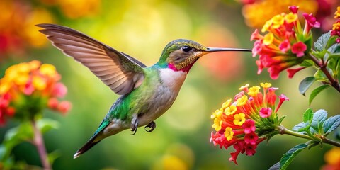 Fototapeta premium Hummingbird Nectar: Capturing Nature's Delicate Equilibrium, Showcasing Serene Elegance and Fragility of Hummingbirds Feeding on Nectar Amidst Vibrant Blossoms