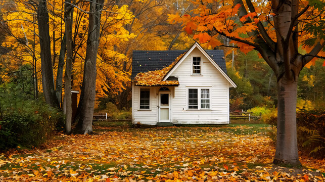 Small cottage with a yellow garden and autumn woods in the fall background.