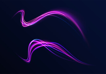 Light trail wave, fire path trace line, car lights, optic fiber and incandescence curve twirl. Big data traffic visualization, dynamic high speed, png, effect. Vector glowing lines air flow effect. 