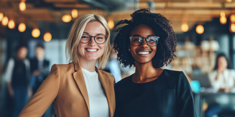 Two diverse business people smiling looking to camera in a modern office.