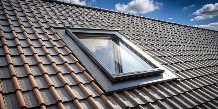 Open roof window with Velux style and black roof tiles , Velux, window, roof, open, skylight, black, tiles, sunlight