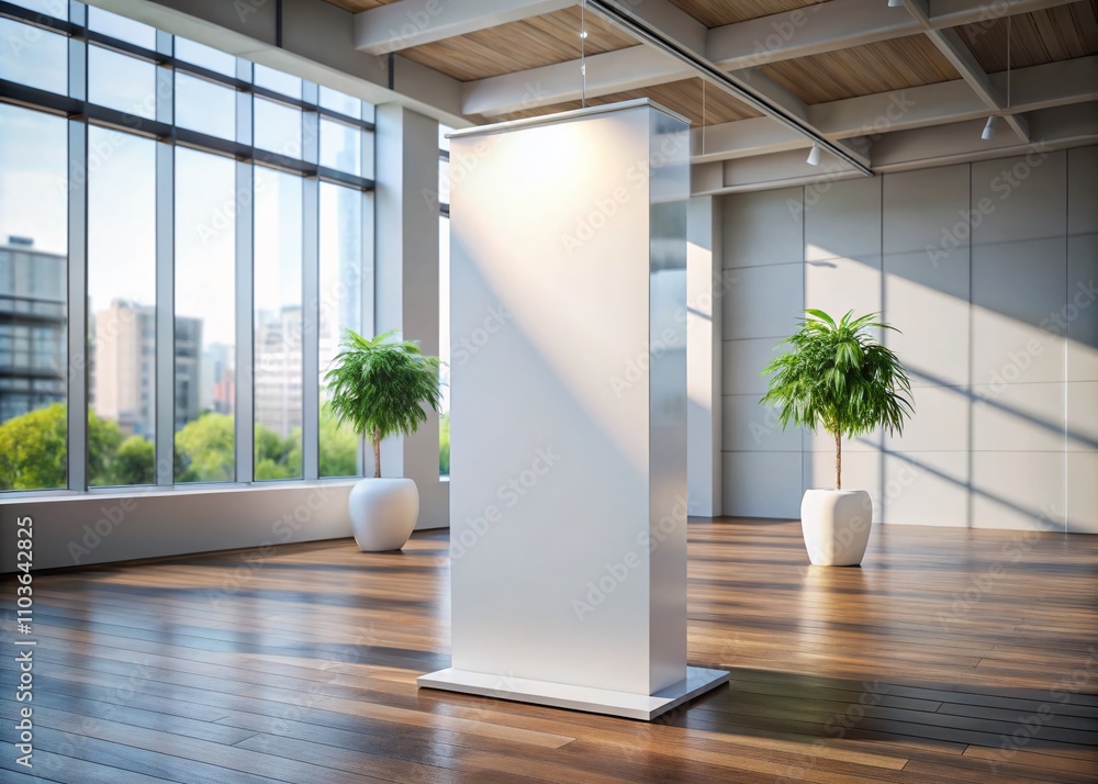 Poster hyper-realistic blank white pylon banner mockup front view isolated in a modern room setting for adv