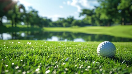 A close-up of a golf ball on grass near a serene pond, capturing a tranquil sports scene.