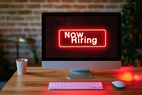 Now hiring sign on glowing computer screen at empty desk, creating sense of opportunity and urgency