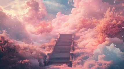 Majestic stairway ascending through a dreamy landscape, enveloped in vibrant pastel pink clouds and ethereal light, creating a surreal atmosphere.