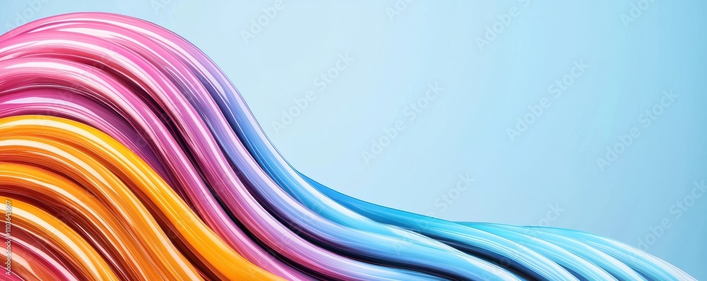 Poster fiber optic efficiency concept. a vibrant wave of colorful lines flows across a soft blue background