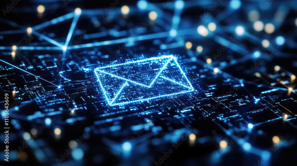 Poster digital illustration of email security evolution bright blue email icon amidst a network of glowing 