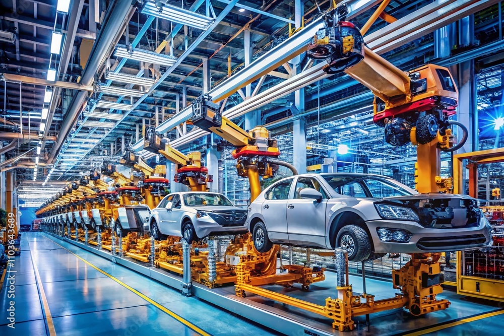 Poster illuminated factory showcasing a state-of-the-art car assembly line with cutting-edge automation and