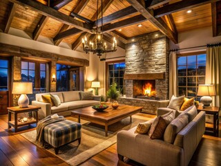 Fototapeta premium Modern Farmhouse Living Room Night Photography - Cozy Country Home Interior Design