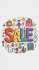 Big sale event with shopping bags, stars, hearts and buildings