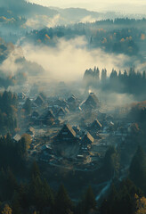 Photograph of the beautiful medieval village of Shirakawa-go in Japan, aerial view, surrounded by forest and fields, fall colors, 
