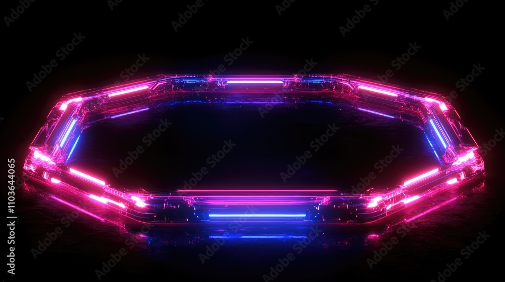 Poster 3d rendering of vibrant pink and blue neon lines creating a rounded geometric frame on a black backd