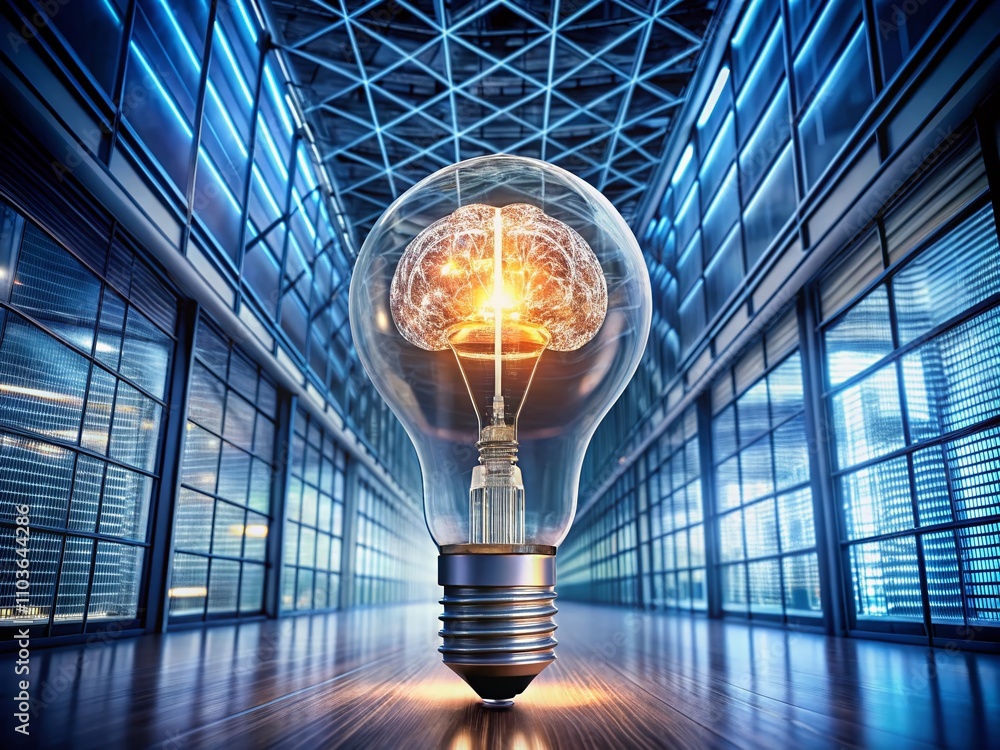 Poster illustration of a glowing light bulb with a brain inside, symbolizing advanced creative imagination 