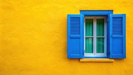 Blue window on a yellow wall with a colourful travel concept, creating a happy mood, blue, window, yellow, wall, colorful