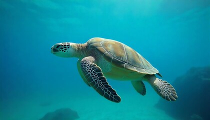 Fototapeta premium Graceful Sea Turtle Swimming Underwater in Crystal Clear Ocean. Generator AI