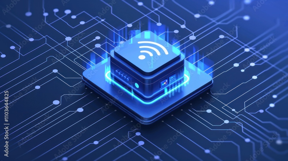 Aufkleber a digital representation of a wireless router on a circuit board background.