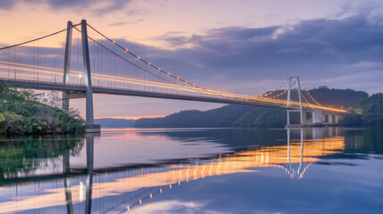 Obraz premium A stunning sunset view of a modern suspension bridge reflecting in calm water, surrounded by lush greenery and soft pastel skies.
