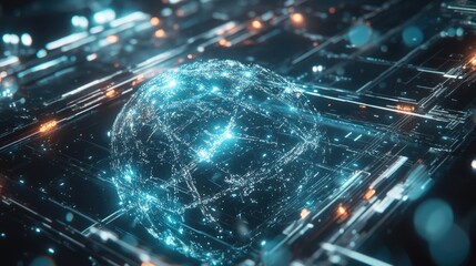 A floating 3D digital network with interlinked nodes over a transparent Earth model; ultra-modern aesthetic, glowing silver and blue, high-resolution
