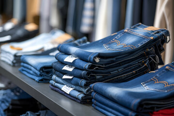 Folded denim jeans stacked neatly in retail setting