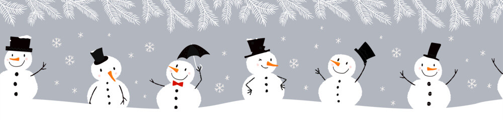 Cute hand drawn Snowman with carrot nose and cylinder hat, lovely christmas background, great for wrapping paper, textiles, wallpapers - vector