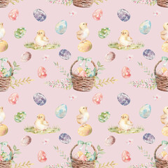 Easter basket, chickens and painted eggs hand drawn watercolor illustration isolated on white