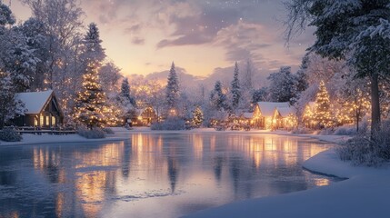 Fototapeta premium Charming winter village illuminated at twilight, with warm lights reflecting on a tranquil frozen lake surrounded by snow-covered trees.