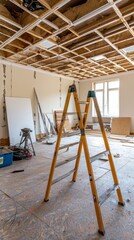 Interior renovation in progress with a ladder in a spacious room showcasing unfinished ceilings and construction materials