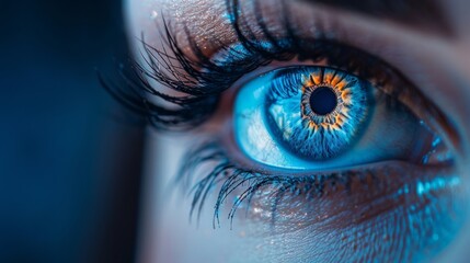 Fototapeta premium Close-up of a blue eye with long eyelashes and glitter. AI generative. .