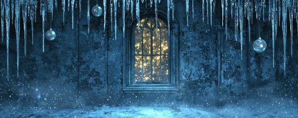 Fototapeta premium Enchanting Winter Night Christmas Window Icicles Snow