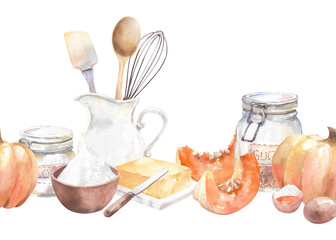 Watercolor pie recipe. Ingredients for pumpkin pie. Hand drawn illustration on white background