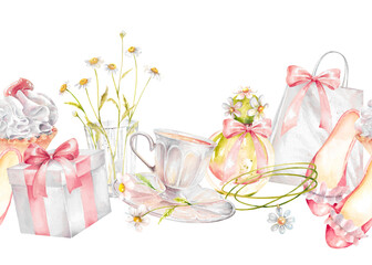watercolor daisies in a glass, ballet shoes, porcelain tea cup, necklace, gift box and package