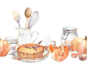 Watercolor pie recipe. Ingredients for pumpkin pie. Hand drawn illustration on white background