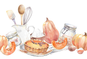 Watercolor pie recipe. Ingredients for pumpkin pie. Hand drawn illustration on white background